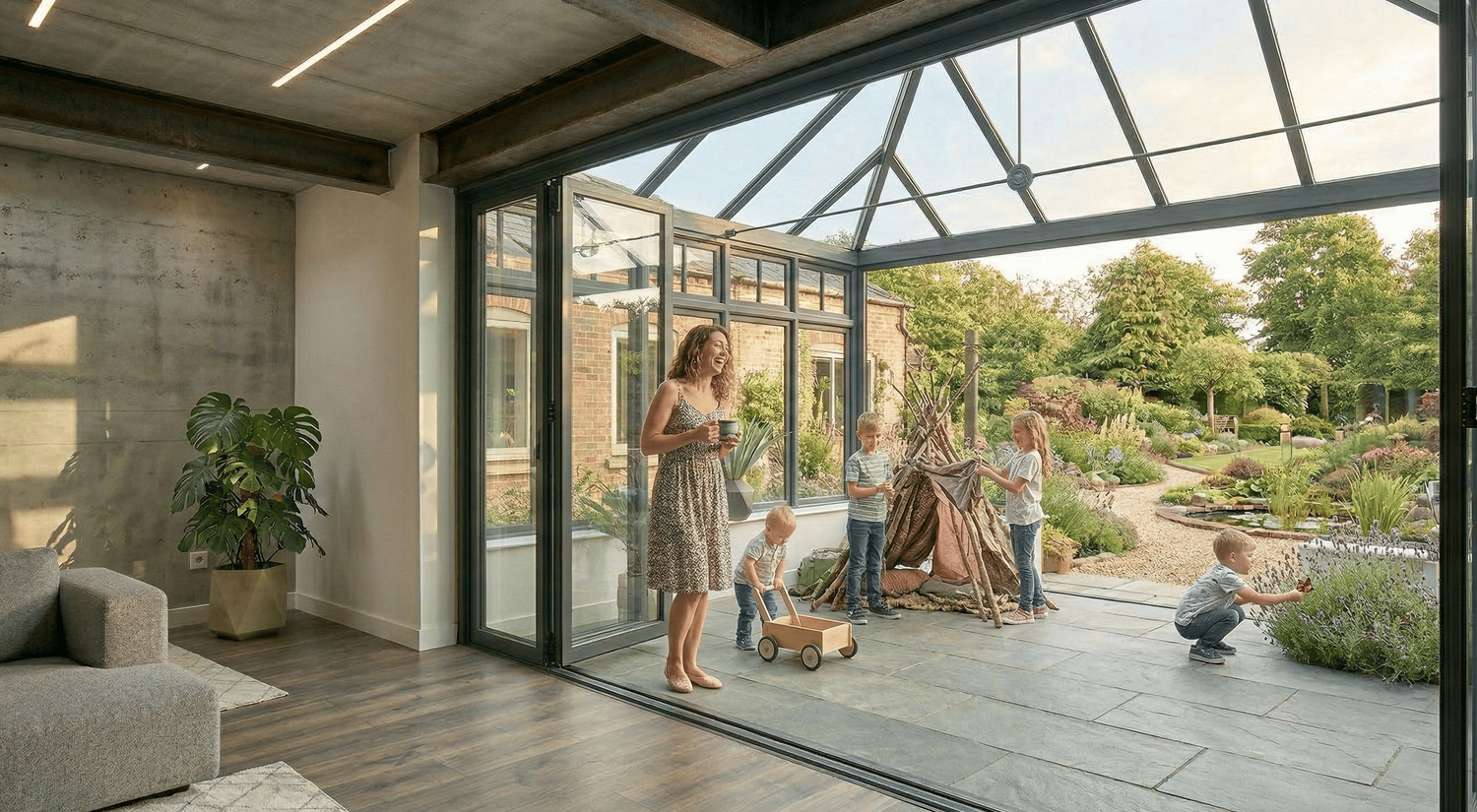 Spacious living area featuring a conservatory with bifold doors and a family enjoying the space.